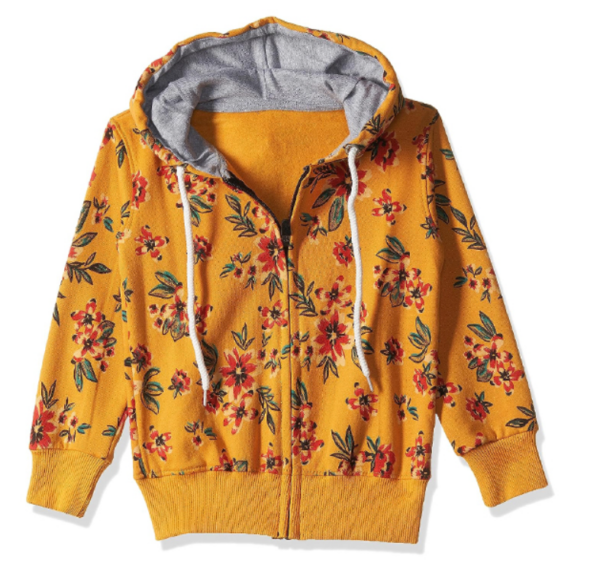 Girls' Mustard Yellow Floral Print Zip-Up Hoodie