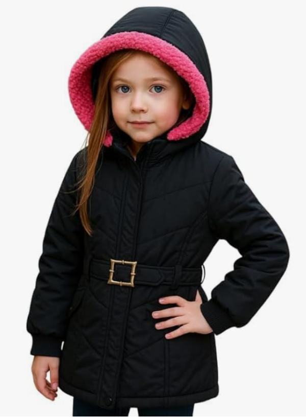 Girls' Belted Winter Parka – Fleece-Lined Hooded Puffer Coat with Gold Buckle (Black/Pink)